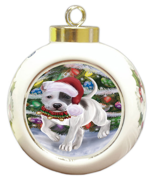 Chistmas Trotting in the Snow Staffordshire Bull Terrier Dog Round Ball Christmas Ornament Pet Decorative Hanging Ornaments for Christmas X-mas Tree Decorations - 3" Round Ceramic Ornament RBPOR59745