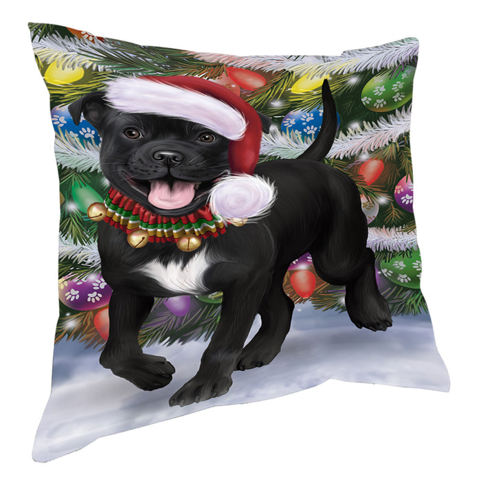 Chistmas Trotting in the Snow Staffordshire Bull Terrier Dog Pillow with Top Quality High-Resolution Images - Ultra Soft Pet Pillows for Sleeping - Reversible & Comfort - Ideal Gift for Dog Lover - Cushion for Sofa Couch Bed - 100% Polyester, PILA93925