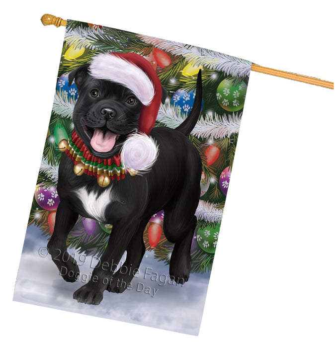 Chistmas Trotting in the Snow Staffordshire Bull Terrier Dog House Flag Outdoor Decorative Double Sided Pet Portrait Weather Resistant Premium Quality Animal Printed Home Decorative Flags 100% Polyester FLG69672