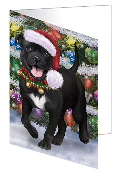 Chistmas Trotting in the Snow Staffordshire Bull Terrier Dog Handmade Artwork Assorted Pets Greeting Cards and Note Cards with Envelopes for All Occasions and Holiday Seasons