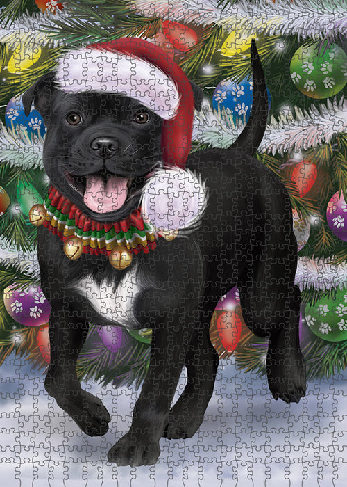 Chistmas Trotting in the Snow Staffordshire Bull Terrier Dog Portrait Jigsaw Puzzle for Adults Animal Interlocking Puzzle Game Unique Gift for Dog Lover's with Metal Tin Box PZL982