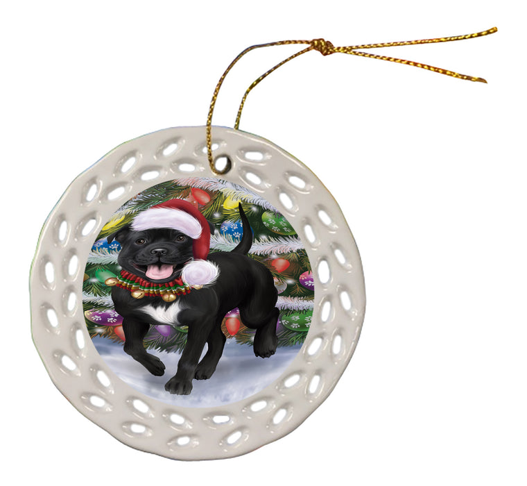 Chistmas Trotting in the Snow Staffordshire Bull Terrier Dog Doily Ornament DPOR59170