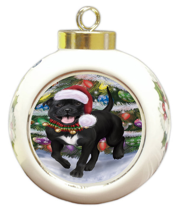Chistmas Trotting in the Snow Staffordshire Bull Terrier Dog Round Ball Christmas Ornament Pet Decorative Hanging Ornaments for Christmas X-mas Tree Decorations - 3" Round Ceramic Ornament RBPOR59746