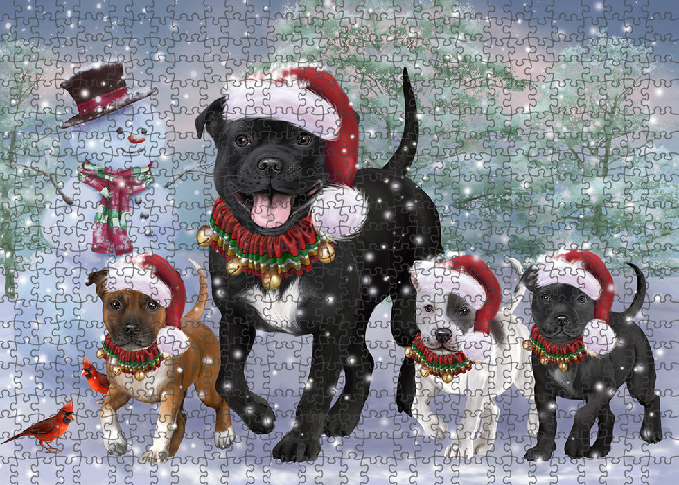 Christmas Running Family Staffordshire Bull Terrier Dogs Portrait Jigsaw Puzzle for Adults Animal Interlocking Puzzle Game Unique Gift for Dog Lover's with Metal Tin Box