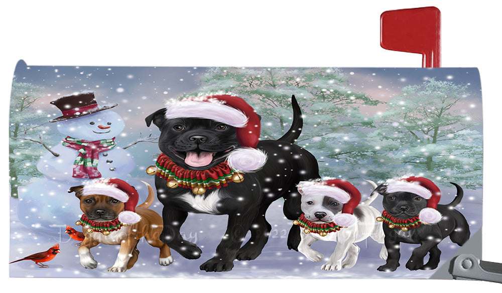 Christmas Running Family Staffordshire Bull Terrier Dogs Magnetic Mailbox Cover Both Sides Pet Theme Printed Decorative Letter Box Wrap Case Postbox Thick Magnetic Vinyl Material
