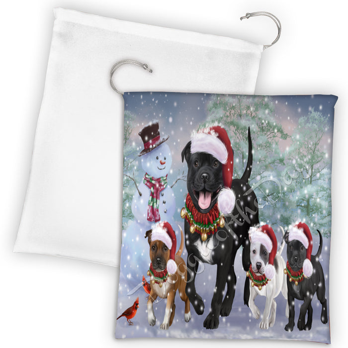 Christmas Running Fammily Staffordshire Bull Terrier Dogs Drawstring Laundry or Gift Bag LGB48255