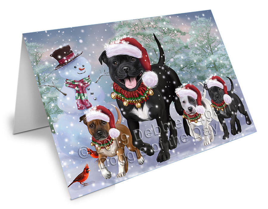 Christmas Running Family Staffordshire Bull Terrier Dogs Handmade Artwork Assorted Pets Greeting Cards and Note Cards with Envelopes for All Occasions and Holiday Seasons