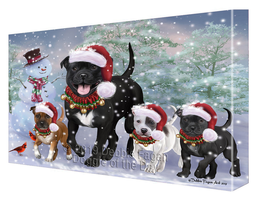Christmas Running Family Staffordshire Bull Terrier Dogs Canvas Wall Art - Premium Quality Ready to Hang Room Decor Wall Art Canvas - Unique Animal Printed Digital Painting for Decoration