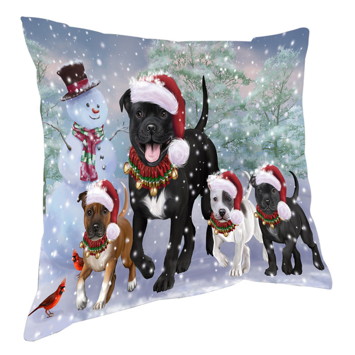 Christmas Running Family Staffordshire Bull Terrier Dogs Pillow with Top Quality High-Resolution Images - Ultra Soft Pet Pillows for Sleeping - Reversible & Comfort - Ideal Gift for Dog Lover - Cushion for Sofa Couch Bed - 100% Polyester
