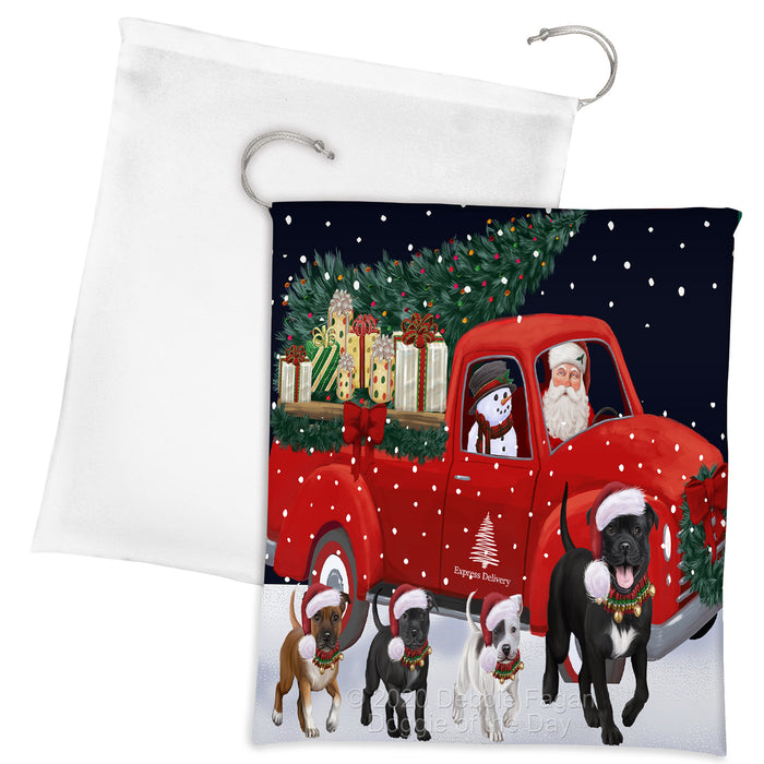 Christmas Express Delivery Red Truck Running Staffordshire Bull Terrier Dogs Drawstring Laundry or Gift Bag LGB48935