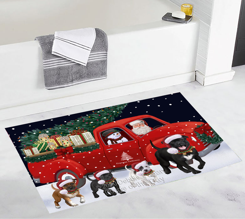 Christmas Express Delivery Red Truck Running Staffordshire Bull Terrier Dogs Bath Mat BRUG53605