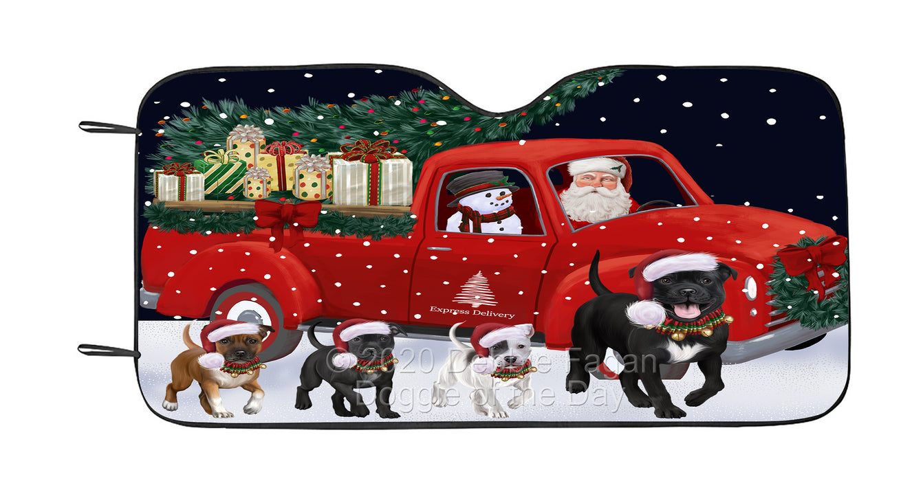 Christmas Express Delivery Red Truck Running Staffordshire Bull Terrier Dog Car Sun Shade Cover Curtain