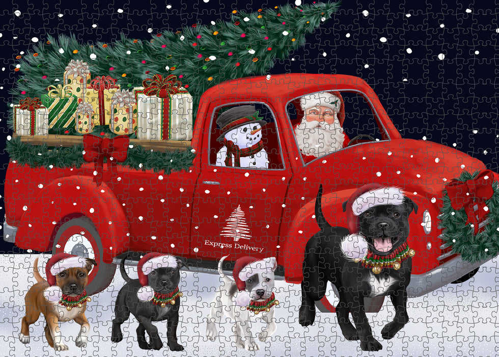Christmas Express Delivery Red Truck Running Staffordshire Bull Terrier Dogs Puzzle with Photo Tin PUZL99832