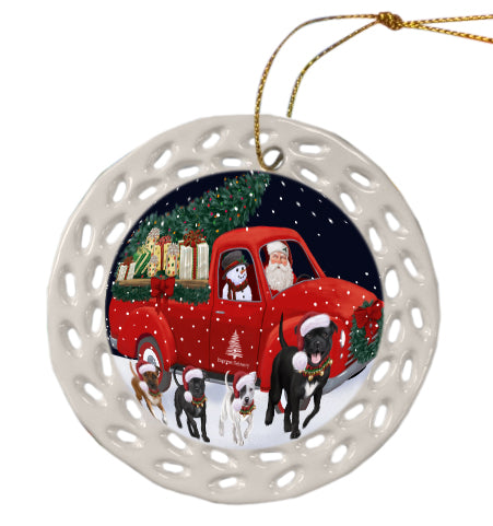Christmas Express Delivery Red Truck Running Staffordshire Bull Terrier Dog Doily Ornament DPOR59302