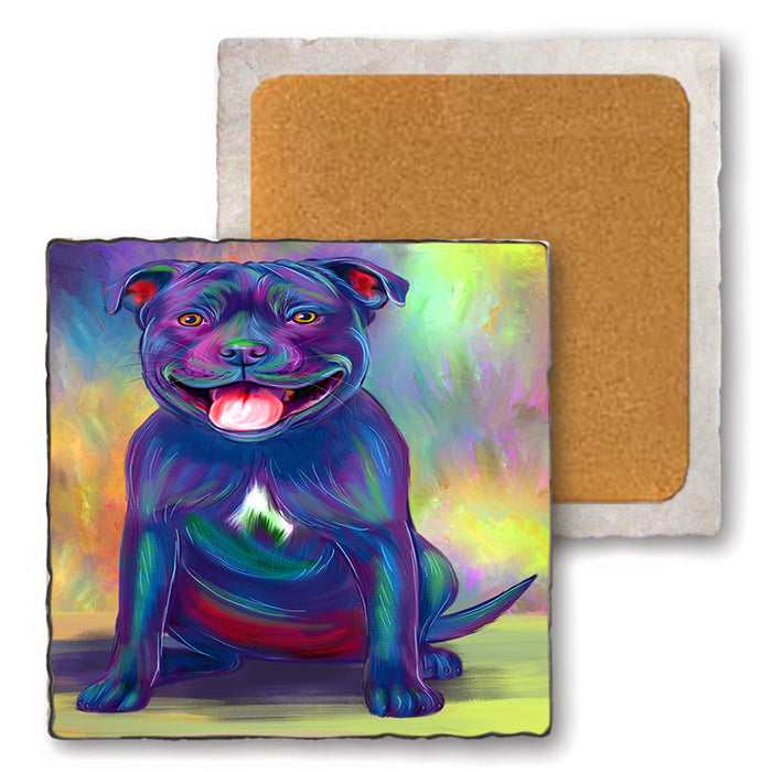 Paradise Wave Staffordshire Bull Terrier Dog Set of 4 Natural Stone Marble Tile Coasters MCST52526
