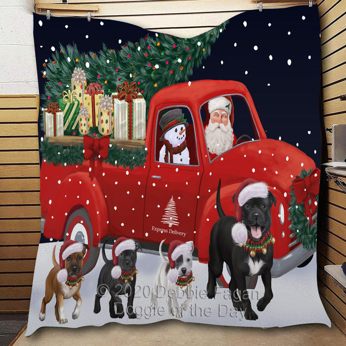 Christmas Express Delivery Red Truck Running Staffordshire Bull Terrier Dogs Lightweight Soft Bedspread Coverlet Bedding Quilt QUILT60076