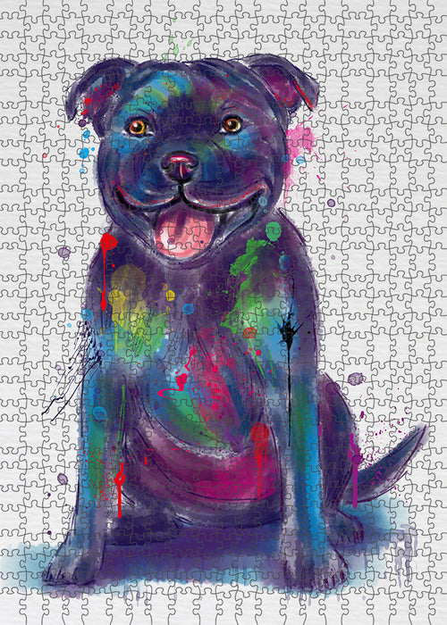 Watercolor Staffordshire Bull Terrier Dog Portrait Jigsaw Puzzle for Adults Animal Interlocking Puzzle Game Unique Gift for Dog Lover's with Metal Tin Box