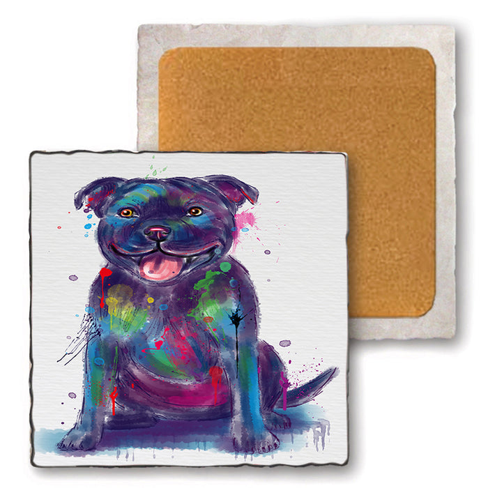 Watercolor Staffordshire Bull Terrier Dog Set of 4 Natural Stone Marble Tile Coasters MCST52568