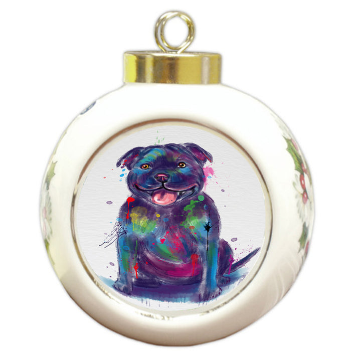 Watercolor Staffordshire Bull Terrier Dog Round Ball Christmas Ornament RBPOR58786
