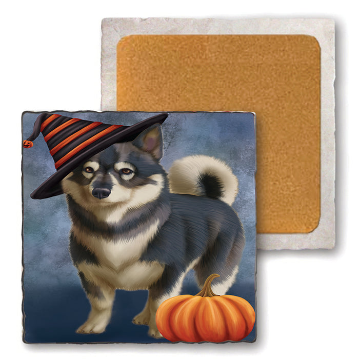 Happy Halloween Swedish Vallhund Dog Wearing Witch Hat with Pumpkin Set of 4 Natural Stone Marble Tile Coasters MCST49816