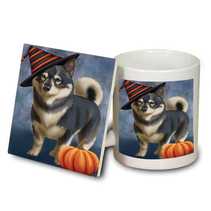Happy Halloween Swedish Vallhund Dog Wearing Witch Hat with Pumpkin Mug and Coaster Set MUC54808