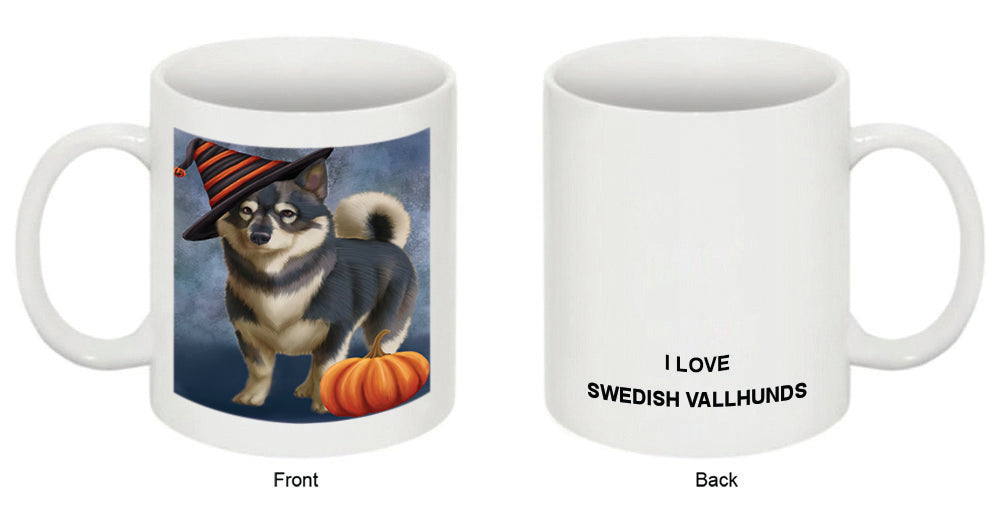 Happy Halloween Swedish Vallhund Dog Wearing Witch Hat with Pumpkin Coffee Mug MUG50214