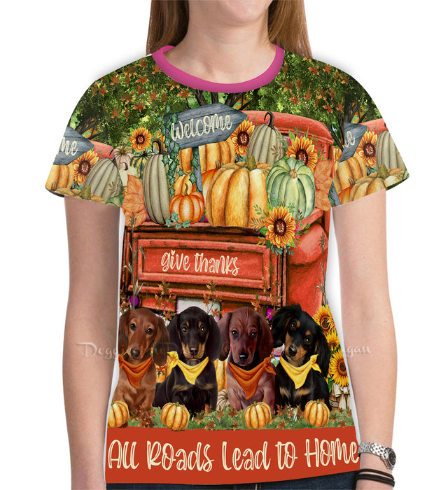 All Roads Lead to Home Orange Truck Harvest Fall Pumpkin Dachshund Dog All Over Print Mesh Women's T-shirt