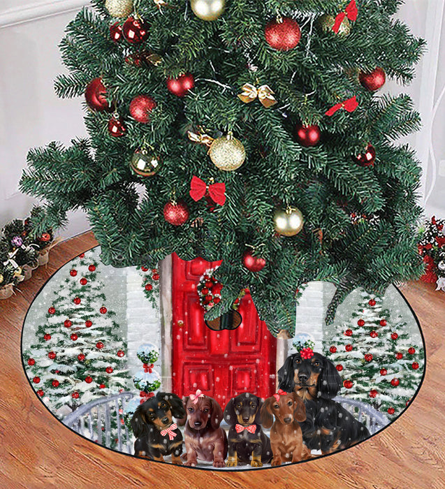 Christmas Holiday Welcome Red Door Dachshund Dog Tree Skirt