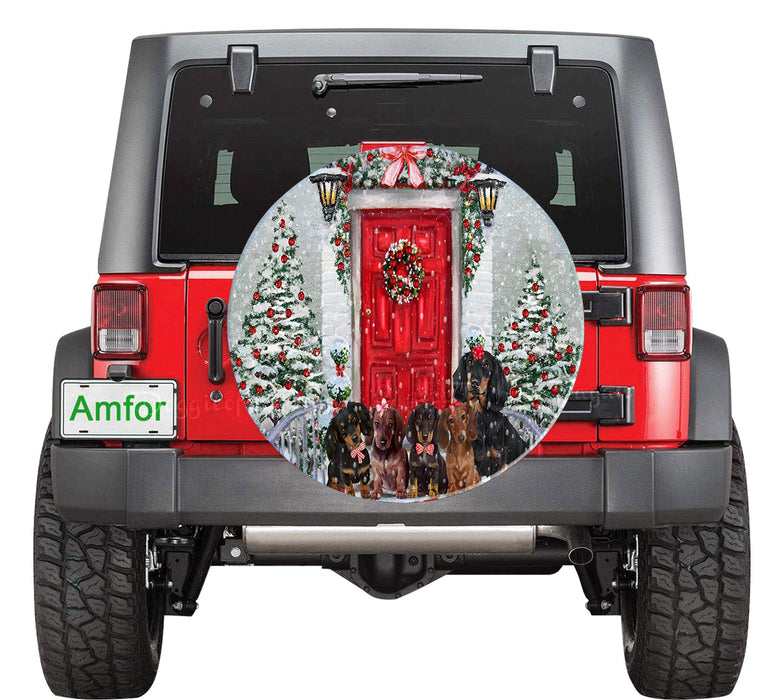 Christmas Holiday Welcome Red Door Dachshund Dog on Car Tire Cover
