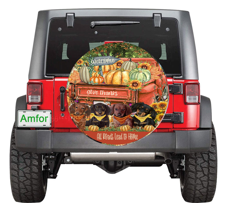 All Roads Lead to Home Orange Truck Harvest Fall Pumpkin Dachshund Dog on Car Tire Cover