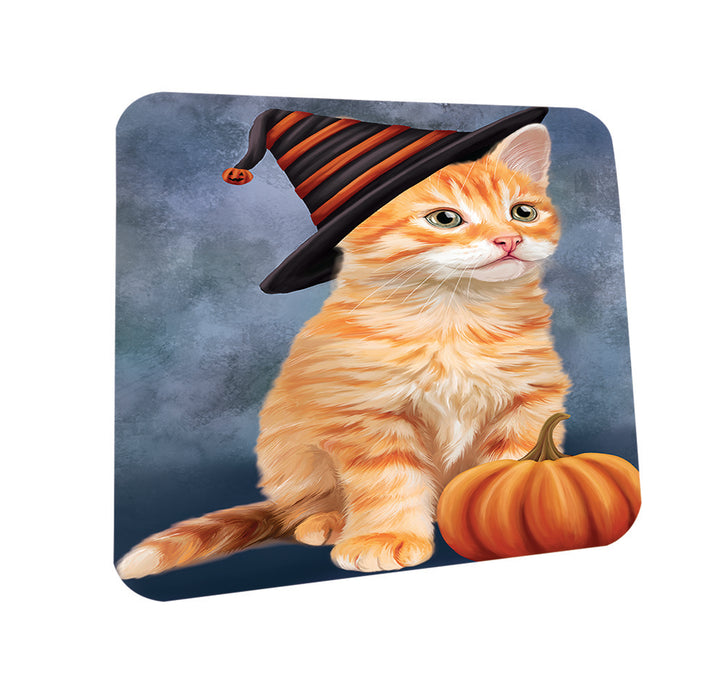 Happy Halloween Tabbie Cat Wearing Witch Hat with Pumpkin Coasters Set of 4 CST54775
