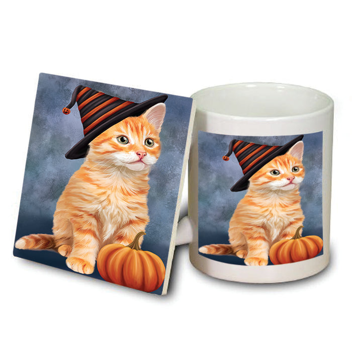 Happy Halloween Tabbie Cat Wearing Witch Hat with Pumpkin Mug and Coaster Set MUC54809