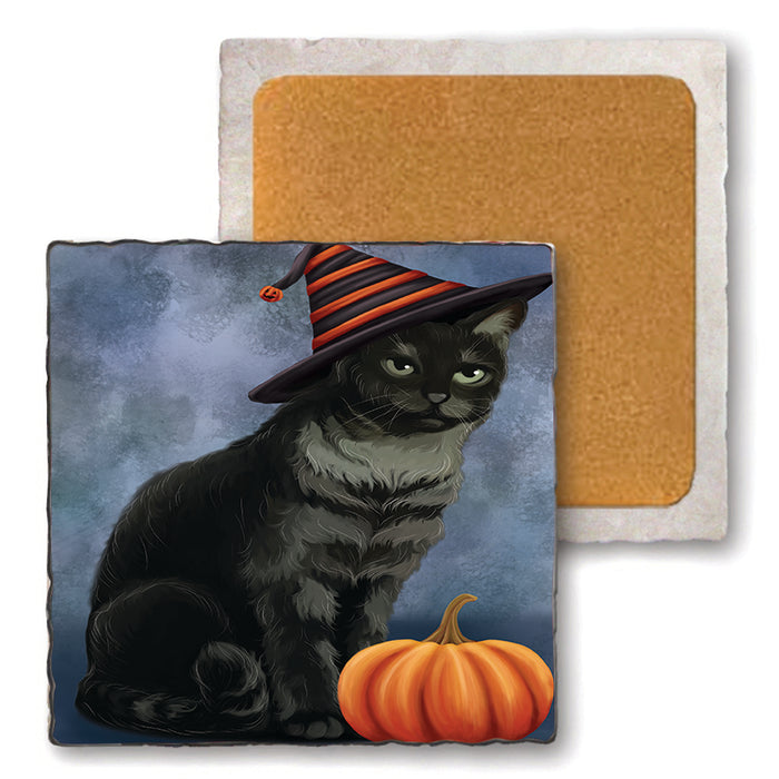 Happy Halloween Tabbie Cat Wearing Witch Hat with Pumpkin Set of 4 Natural Stone Marble Tile Coasters MCST49818