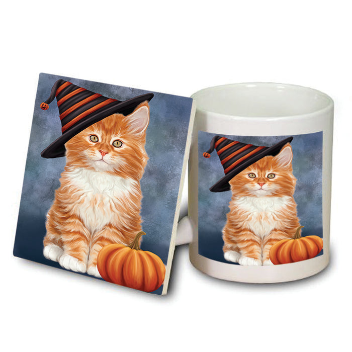 Happy Halloween Tabbie Cat Wearing Witch Hat with Pumpkin Mug and Coaster Set MUC54811