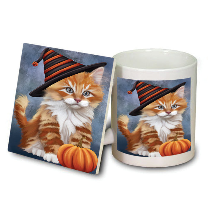 Happy Halloween Tabbie Cat Wearing Witch Hat with Pumpkin Mug and Coaster Set MUC54812