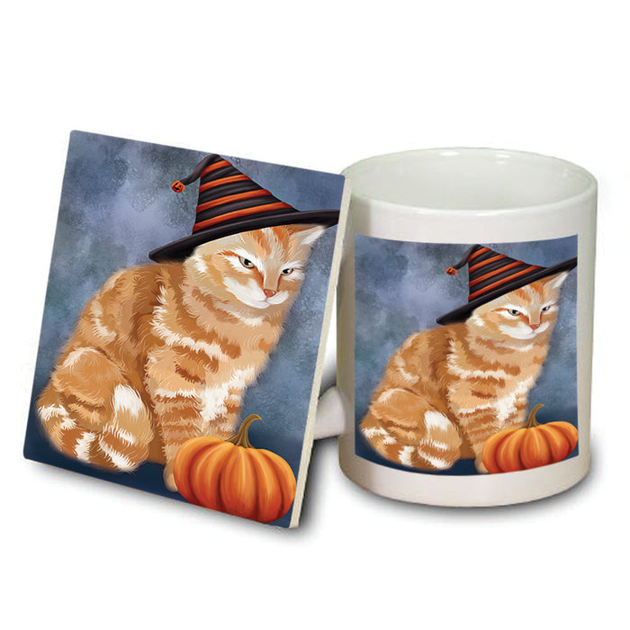 Happy Halloween Tabbie Cat Wearing Witch Hat with Pumpkin Mug and Coaster Set MUC54813
