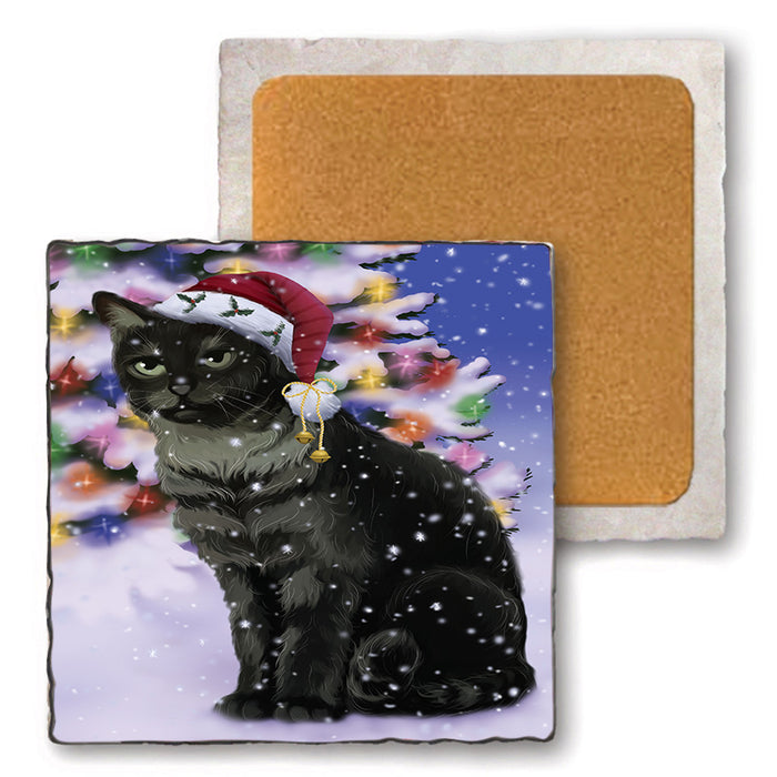 Winterland Wonderland Tabby Cat In Christmas Holiday Scenic Background Set of 4 Natural Stone Marble Tile Coasters MCST50734