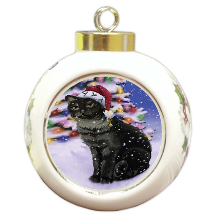 Winterland Wonderland Tabby Cat In Christmas Holiday Scenic Background Round Ball Christmas Ornament RBPOR56090