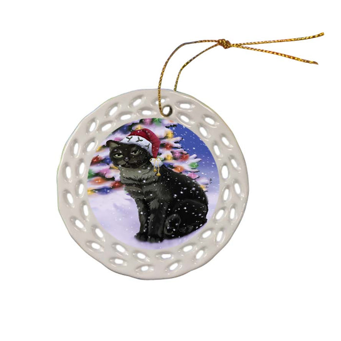 Winterland Wonderland Tabby Cat In Christmas Holiday Scenic Background Ceramic Doily Ornament DPOR56090