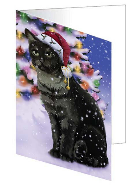 Winterland Wonderland Tabby Cat In Christmas Holiday Scenic Background Handmade Artwork Assorted Pets Greeting Cards and Note Cards with Envelopes for All Occasions and Holiday Seasons GCD71717