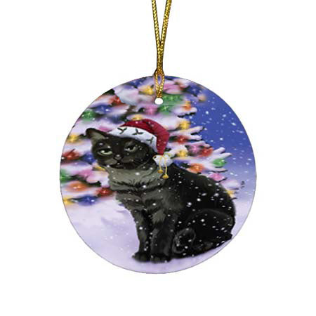 Winterland Wonderland Tabby Cat In Christmas Holiday Scenic Background Round Flat Christmas Ornament RFPOR56090