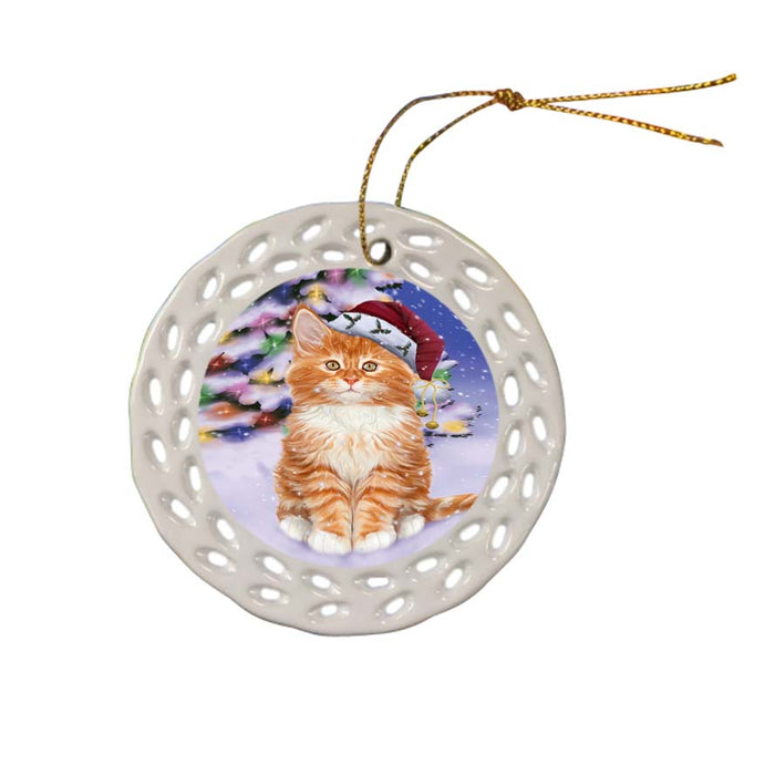 Winterland Wonderland Tabby Cat In Christmas Holiday Scenic Background Ceramic Doily Ornament DPOR56091