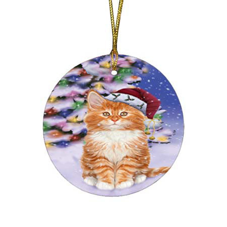 Winterland Wonderland Tabby Cat In Christmas Holiday Scenic Background Round Flat Christmas Ornament RFPOR56091