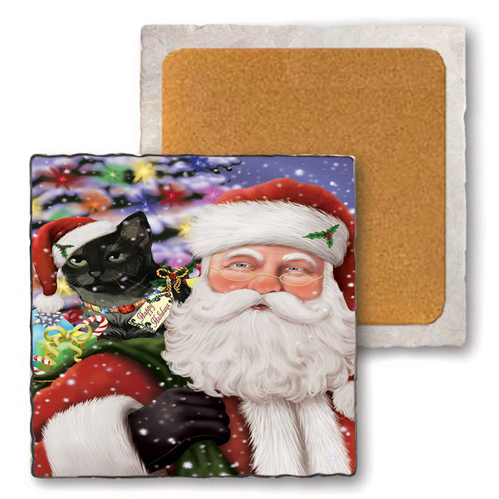 Santa Carrying Tabby Cat and Christmas Presents Set of 4 Natural Stone Marble Tile Coasters MCST50537