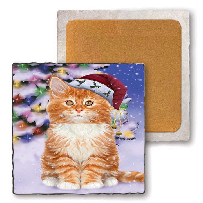 Winterland Wonderland Tabby Cat In Christmas Holiday Scenic Background Set of 4 Natural Stone Marble Tile Coasters MCST50735