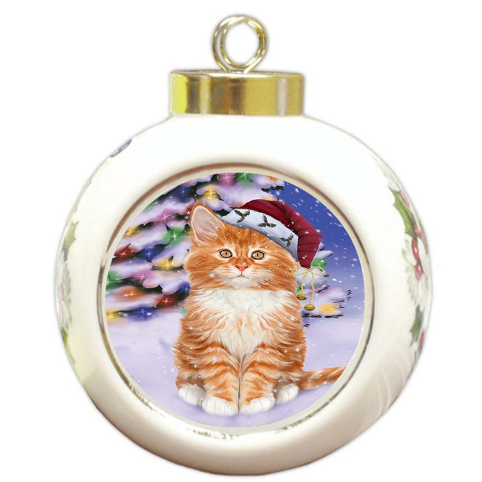 Winterland Wonderland Tabby Cat In Christmas Holiday Scenic Background Round Ball Christmas Ornament RBPOR56091