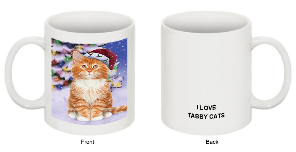 Winterland Wonderland Tabby Cat In Christmas Holiday Scenic Background Coffee Mug MUG51133