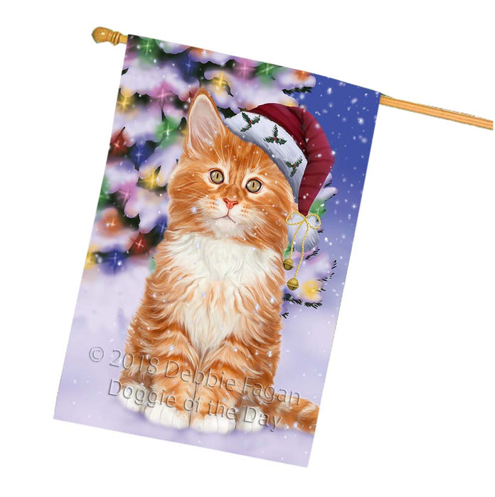 Winterland Wonderland Tabby Cat In Christmas Holiday Scenic Background House Flag FLG56164