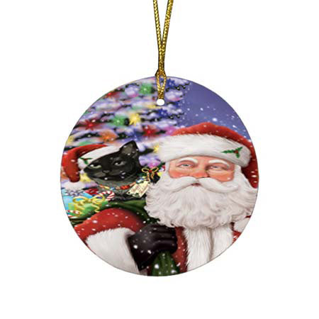 Santa Carrying Tabby Cat and Christmas Presents Round Flat Christmas Ornament RFPOR55893
