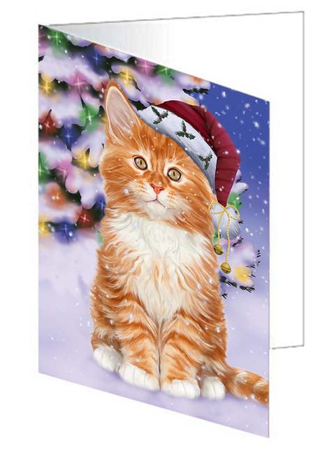 Winterland Wonderland Tabby Cat In Christmas Holiday Scenic Background Handmade Artwork Assorted Pets Greeting Cards and Note Cards with Envelopes for All Occasions and Holiday Seasons GCD71720